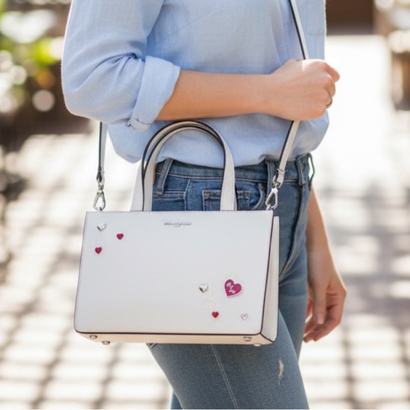 Karl Lagerfeld White & Pink Embellished Satchel Crossbody with Heart Details 🩷 - Picture 14 of 17